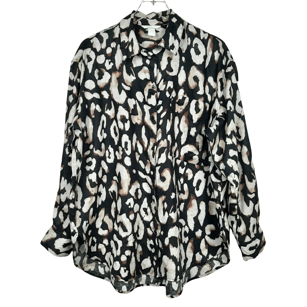 H&M 100% Linen Animal Print Button Front Oversized Shirt Medium